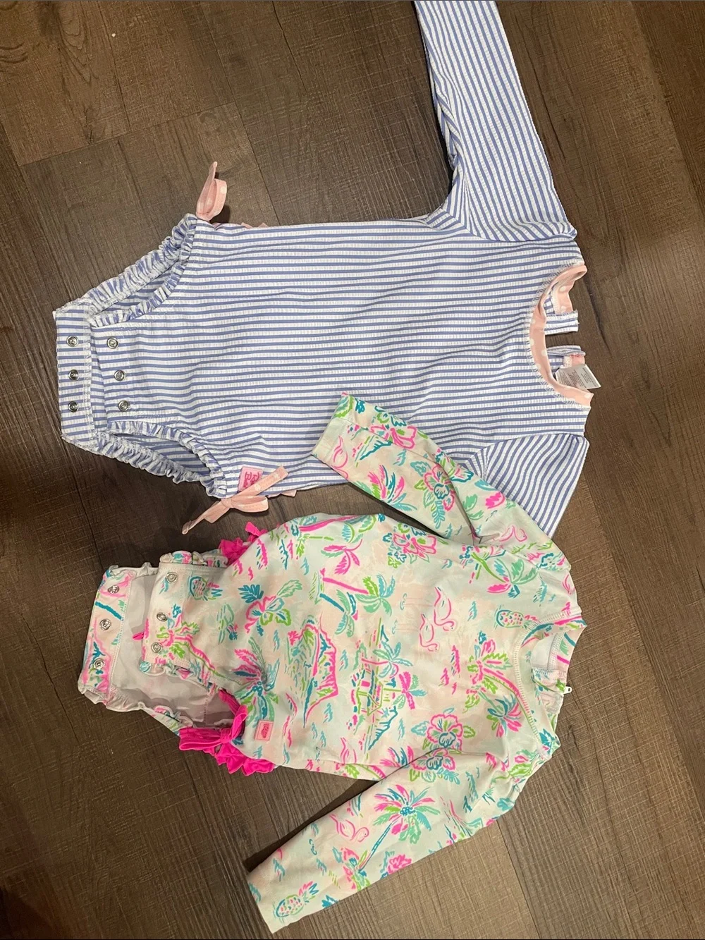 Ruffle Butts Blue Stripe and Floral Pink One-Piece Set